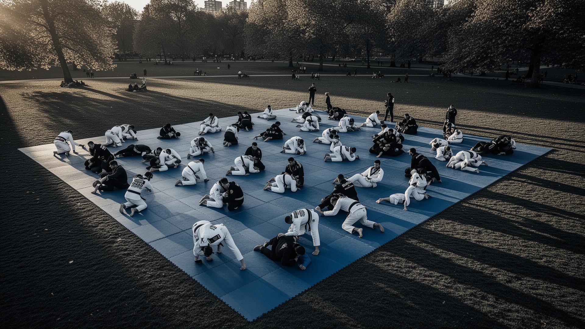 Aerial view of a large outdoor Brazilian Jiu-Jitsu open mat in a London park